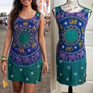 Cynthia Howie 80s Vintage Elephant Medallion Print Dress Green Blue Size 2P